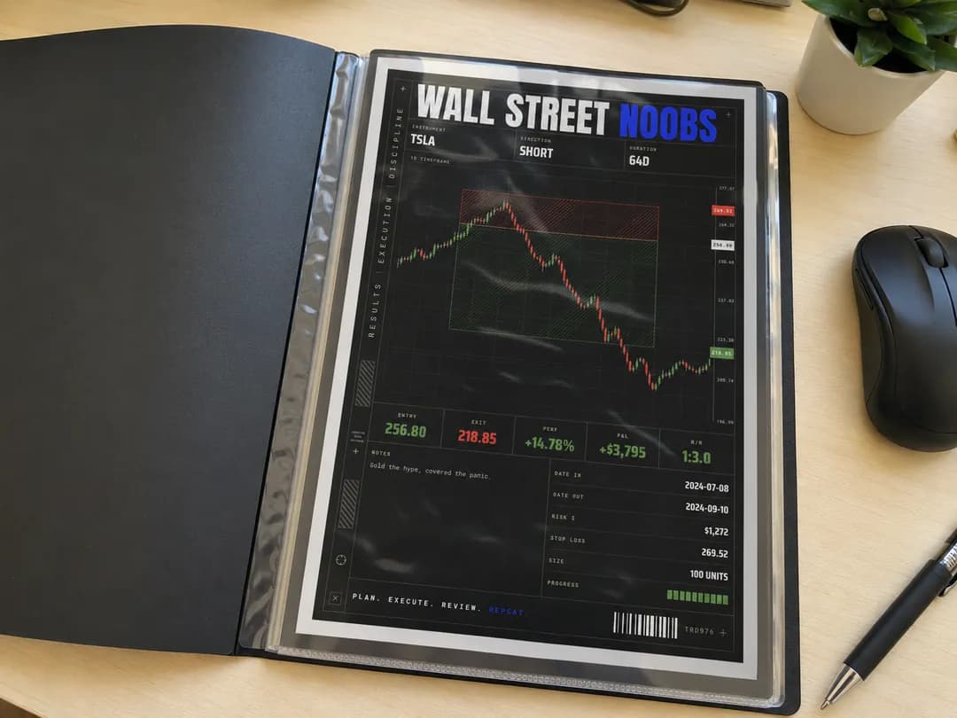 Example of a custom TSLA trade poster presented in a portfolio case